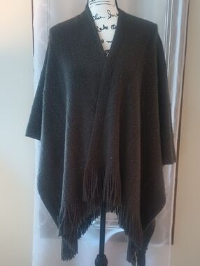 Elegant Green Gray Fringe Poncho Sweater